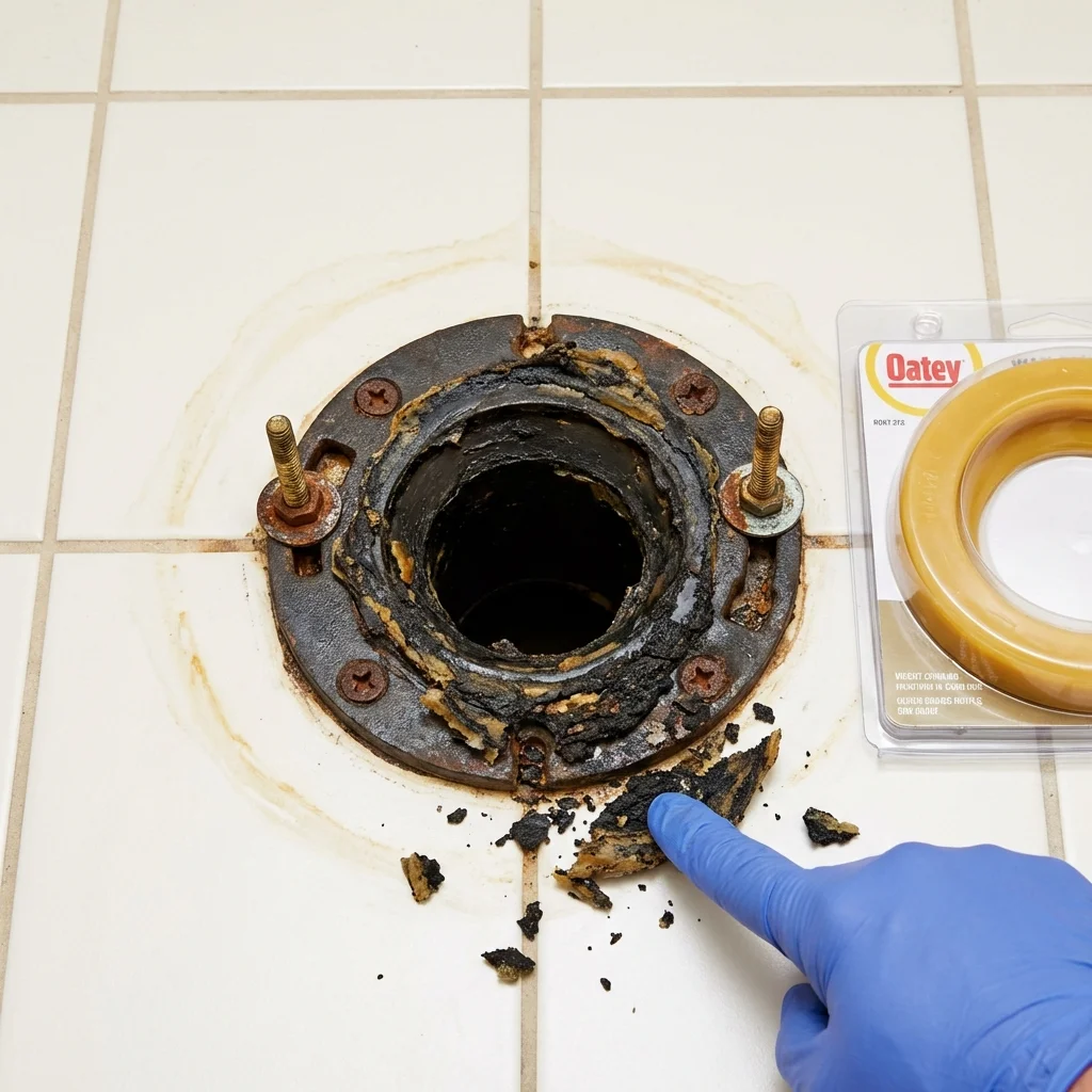 Failed wax ring showing water seepage at the base of a toilet in a Lexington, NE home
