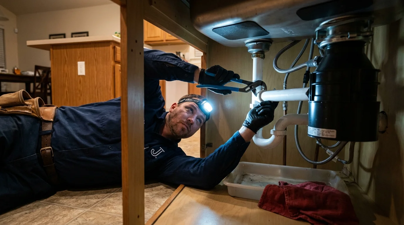 P-trap and supply line connections under a kitchen sink showing a common leak point in Lexington, NE